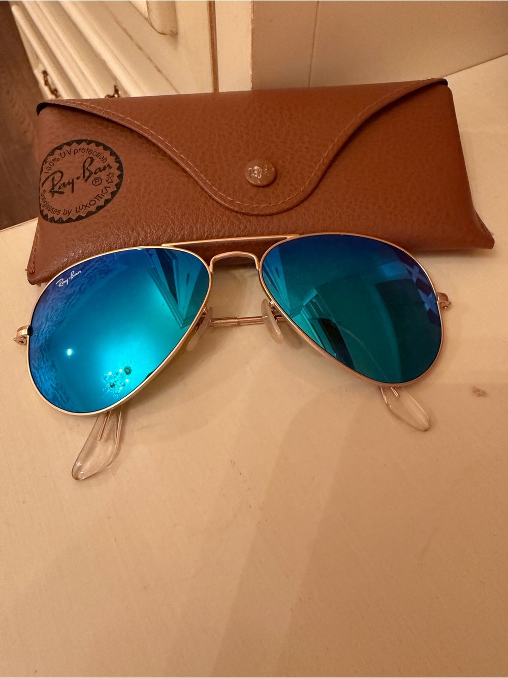 Ray-Ban Gold Frame Aviator Sunglasses with Blue Mirrored Lenses